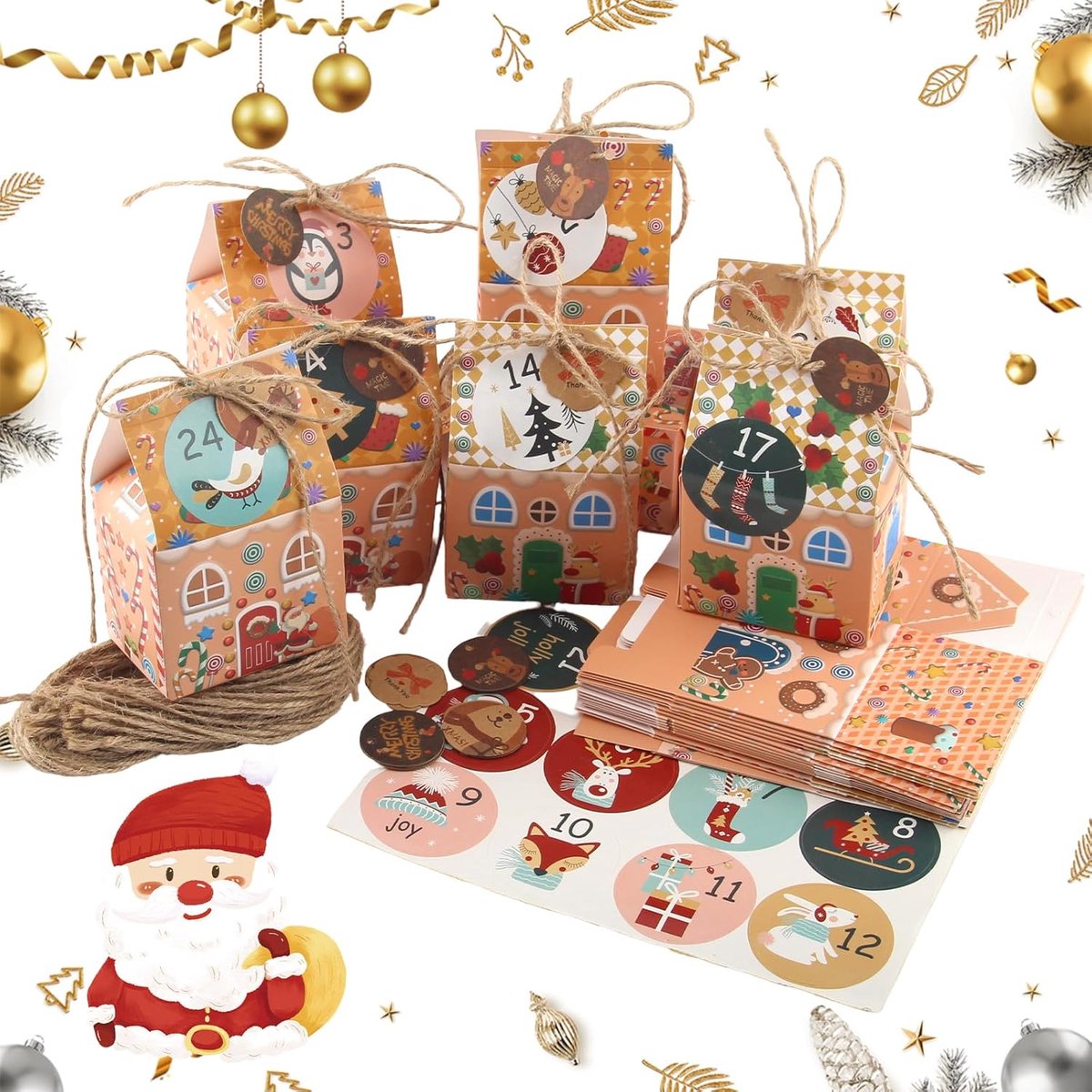 SnelShoppen - DIY Adventskalender voor Vullen, 24 Stuks, Kerstdecoratie, Cadeauboxen, Kinderen, Huisjes met Kerstmotieven, Inclusief Hangers en Sticke