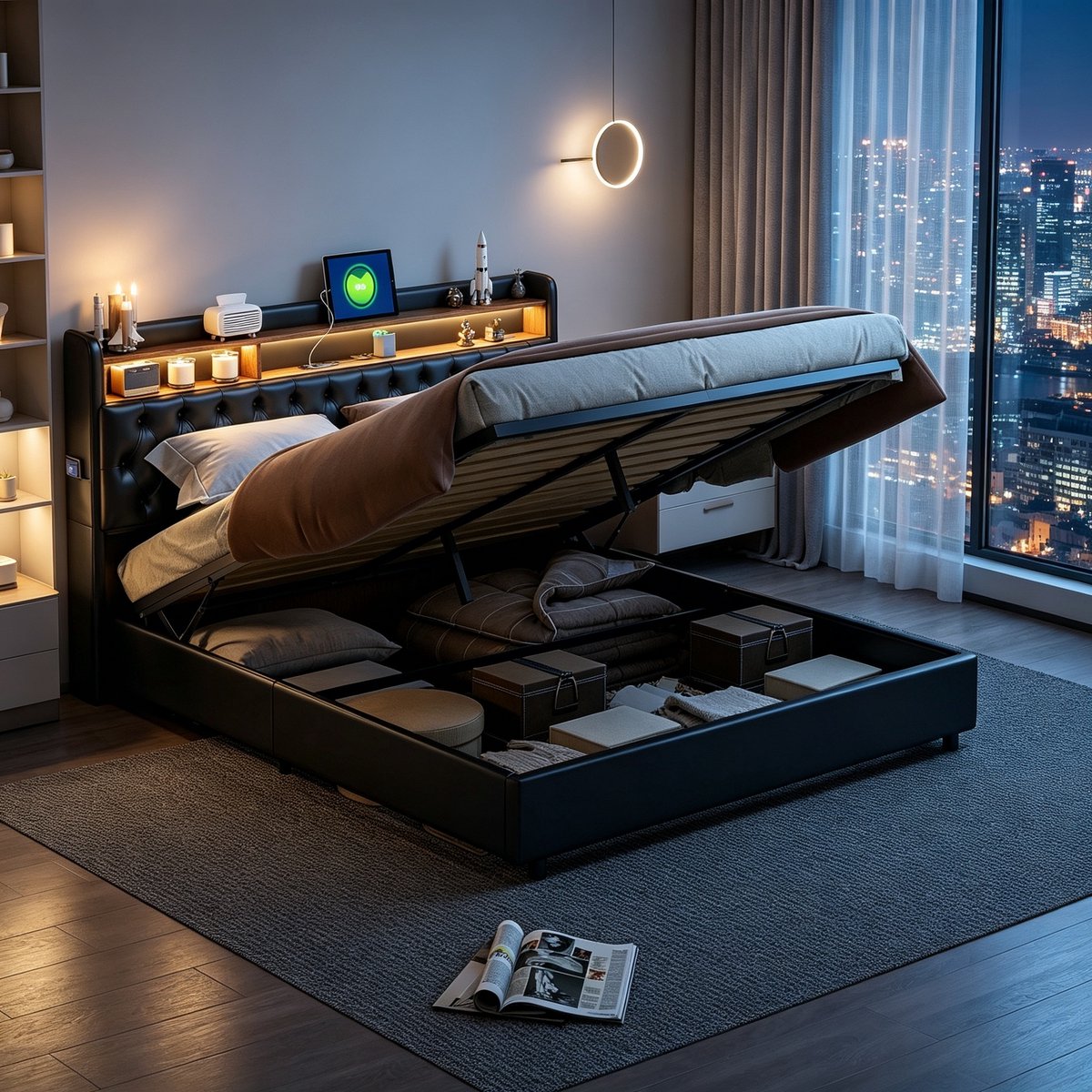 Gestoffeerd bed 180x200 cm met LED en USB, tweepersoonsbed met opbergruimte en lattenbodem,opbergbed,Metalen bedframe,PU-hoofdeinde,zwart,zonder matras
