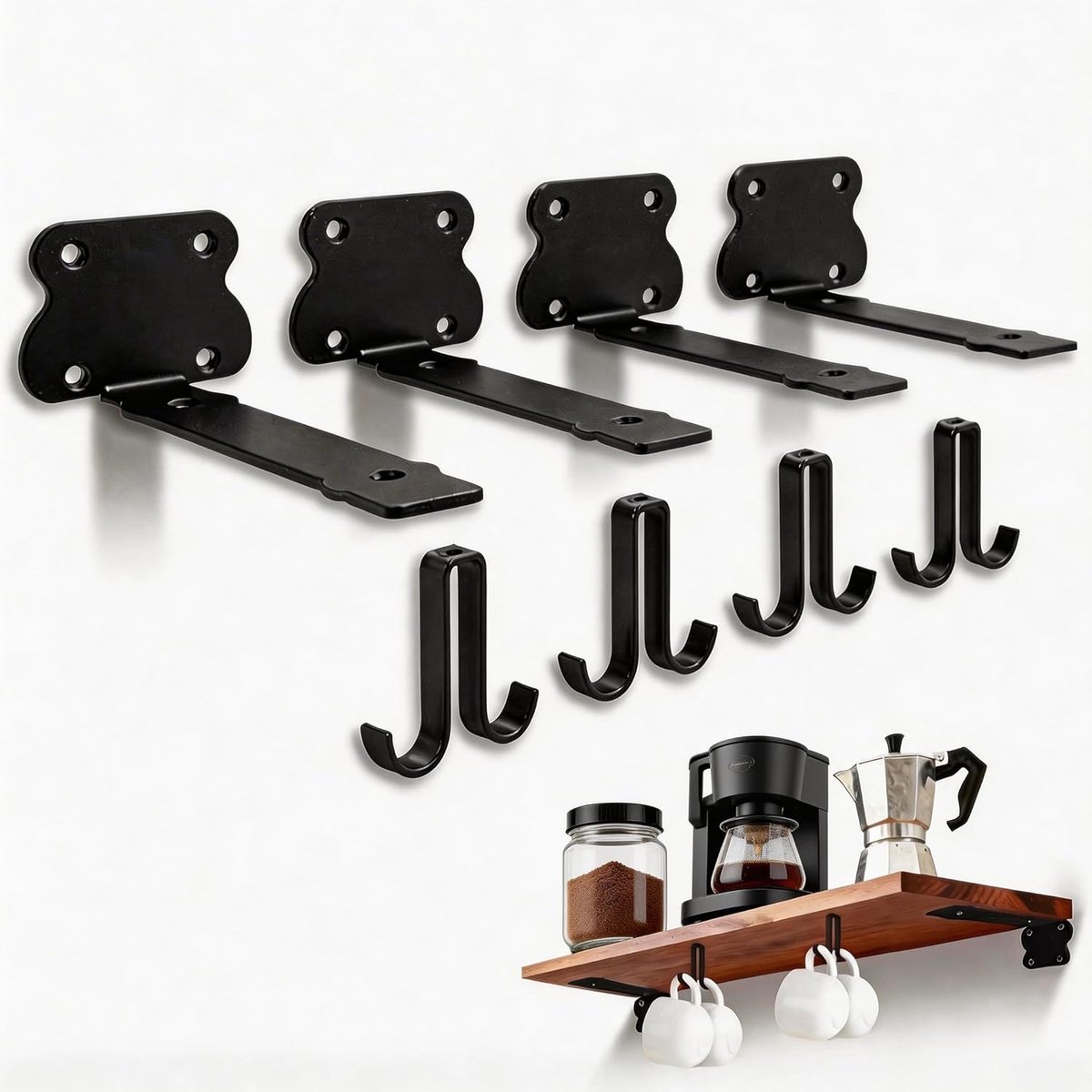 Shelf Holders, 13 cm, 4 Hooks, Black, Invisible Corner Joints for Shelves, Rustic, Industrial and DIY, Set of 4 - ShopVlot