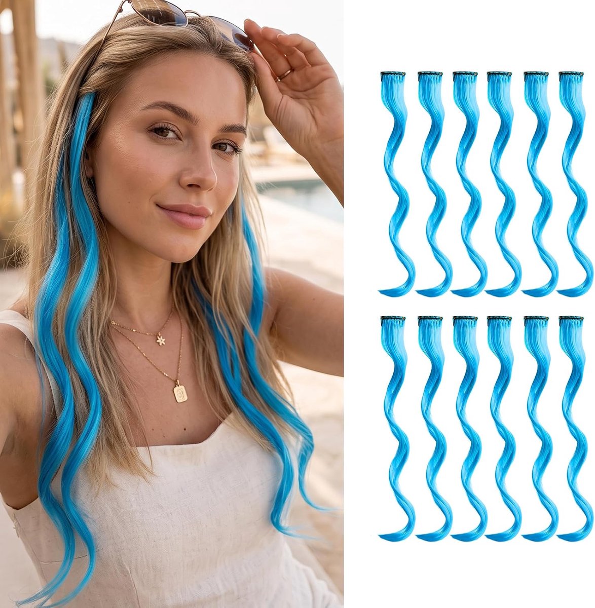 SnelShoppen - 12 Stuks 50cm IJsblauwe Clip-In Haarextensions | Lange Stijl Synthetisch Haar voor Vlechten | Festival Haaraccessoires voor Vrouwen en M