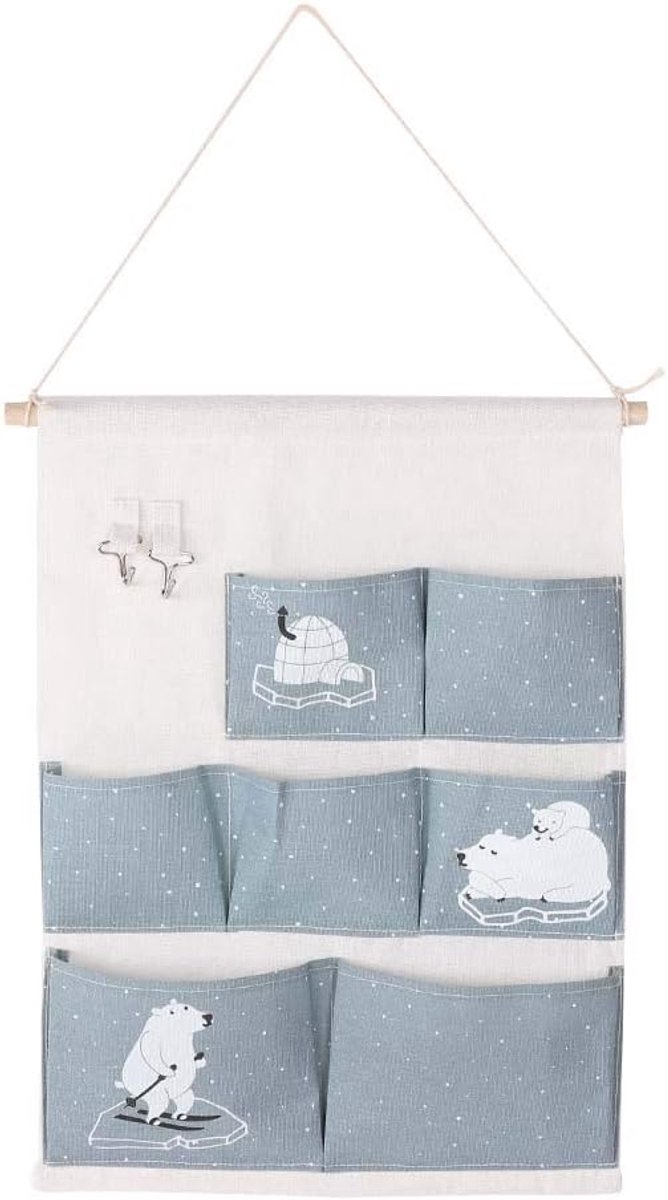 SnelShoppen - 7 Pockets Schattige Cartoon Patroon Wand Hangtas Cosmetica Make-up Borstel Opberg Organizer, Blauw, Hoogwaardige Katoen en Linnen, Water