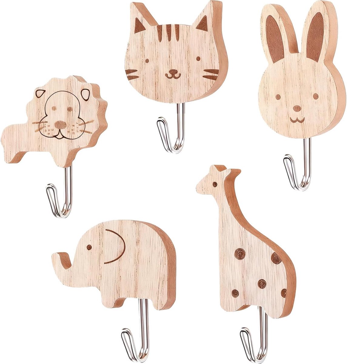 Houten dieren wandhaken set van 5 - schattige zelfklevende kinderkledinghaken - perfect voor slaapkamer en kinderkamer - ShopVlot