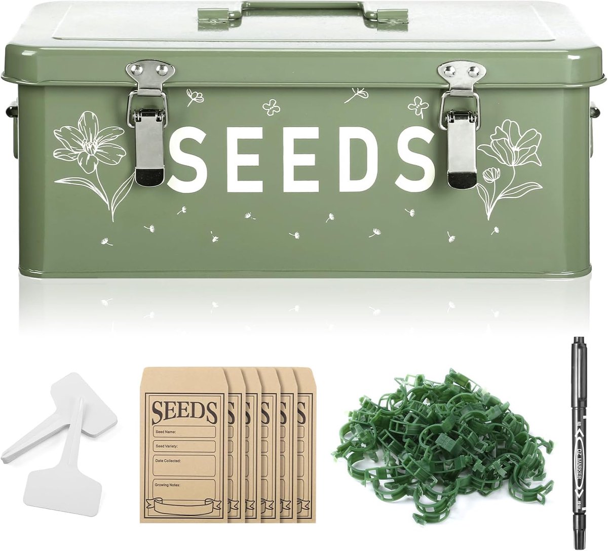 Zadenopslagdoos met deksel - metalen opslagorganiser - inclusief 50 zaden enveloppen en 100 plantlabels - ShopVlot