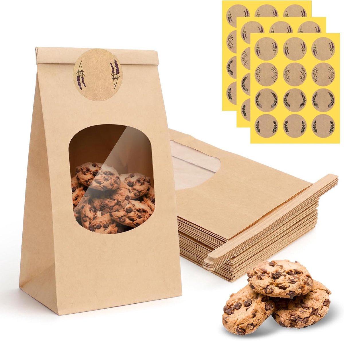 Papieren zakken met venster 25 stuks - 9 x 6 x 17 cm - waterdicht en vetbestendig - ideaal voor gebak en snacks - ShopVlot