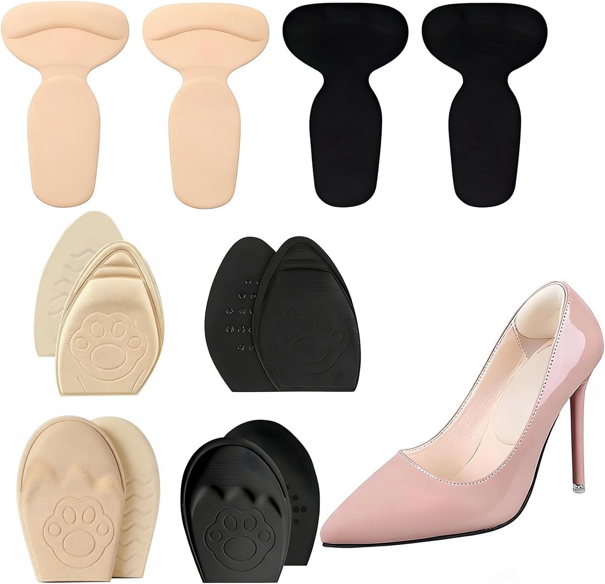 SnelShoppen - 2 paar hielpads en 4 paar voorvoetkussens, antislip hielbescherming voor schoenen, hoge hakken hielpads, schoenen inlegzolen, damesinleg