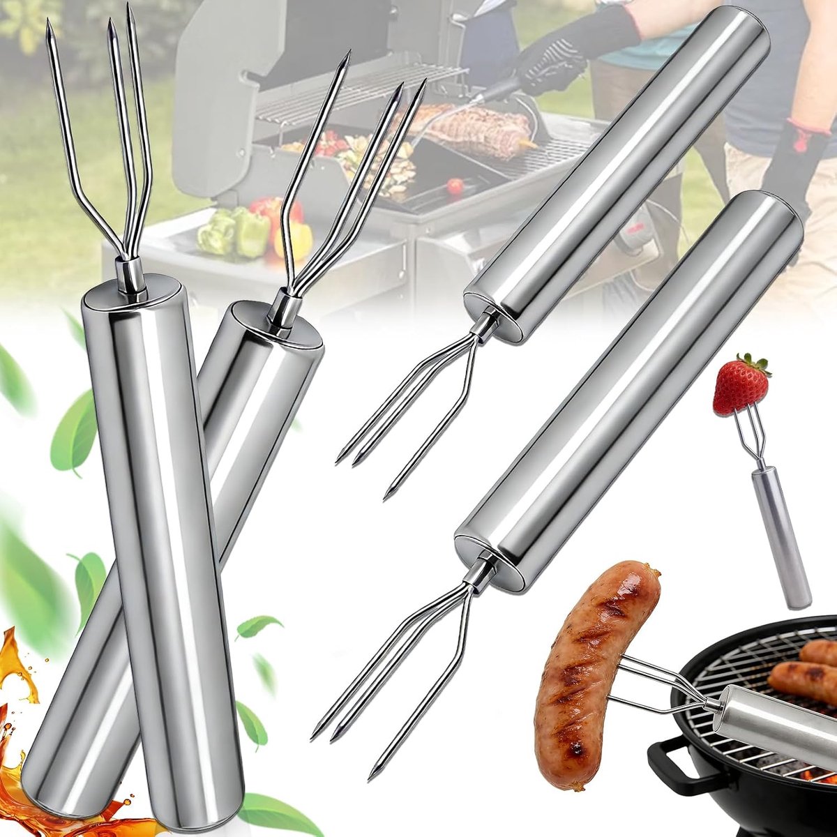 SnelShoppen - 4 Stuks RVS Aardappelvorken met Veiligheidsdoppen, Roestvrijstalen Aardappel Schil Vork, Herbruikbare Maïs Vork, Grill Gereedschap voor