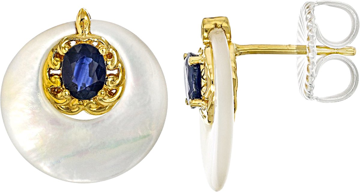 Cavill - Elegante Zilveren Oorbellen 925 Sterling Zilver Verguld - Blauwe Saffier Ovaal 0,63 ct - Parelmoer Fancy 15 mm - Dames Sieraden
