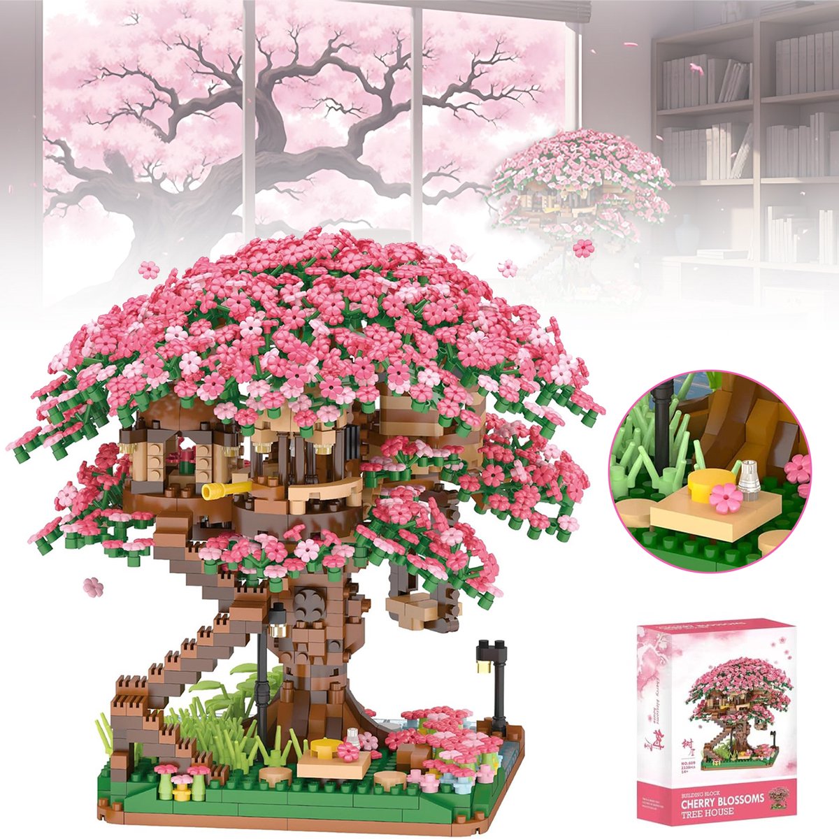 2138 Stuks Mini Kersenbloesem Boomhut - Bonsai Boom Bouwblokken Set - Sakura Boomhut Collectie Bouwset - Mini-Deeltjesconstructiespeelgoed