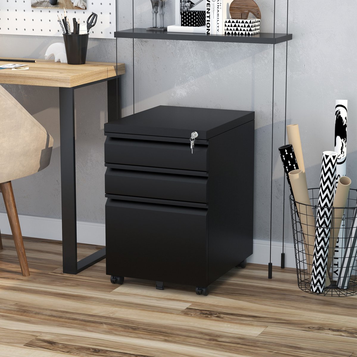 COVREO Rollcontainer, 3 laden, 39 x 48 x 60 cm, zwart staal, afsluitbaar