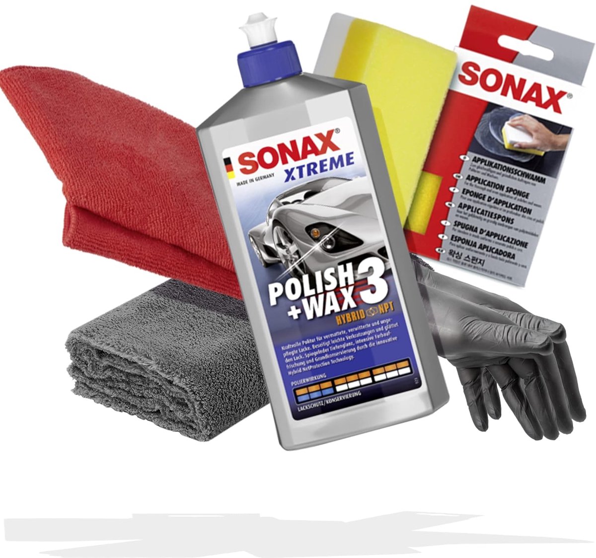 SnelShoppen - Handpolijstset met Polijstmiddel + Wax 500 ml, Microvezeldoek, Applicatiespons, Ultra Fleece Polijstdoek en Beschermhandschoenen