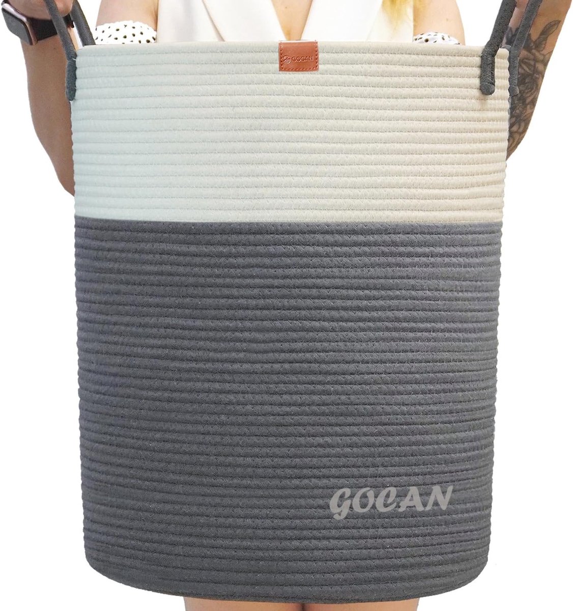 Grote hoge stevige Wasserij Hamper Mand - Geweven Opslagmanden voor Kleding, Kussens en Speelgoed in Grijs/Beige