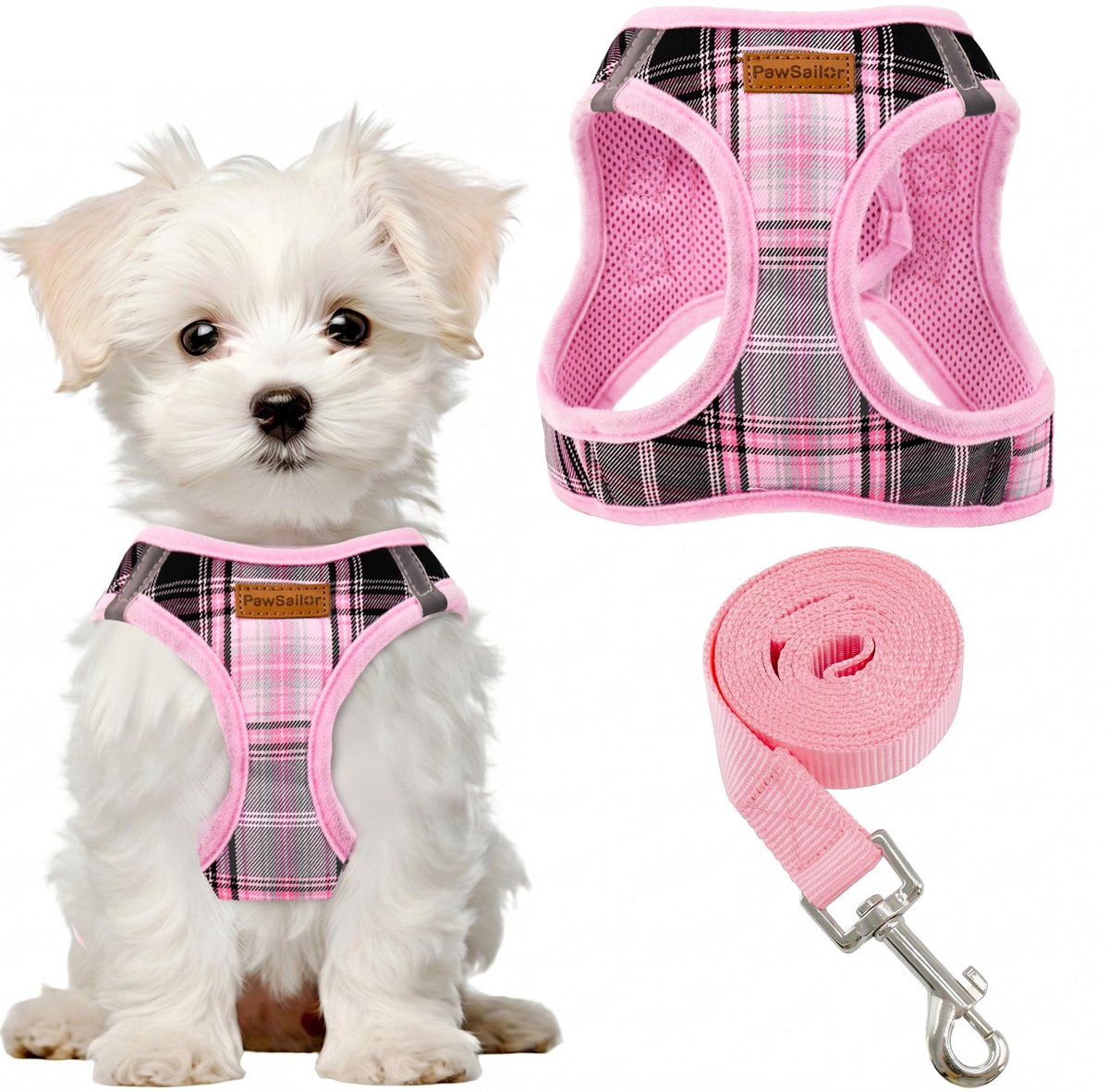 SnelShoppen - Pawsailor Step-in hondenharnas met reflecterende anti-treklijn, verstelbaar, zacht ademend mesh, geruit patroon, harnas voor puppy's en