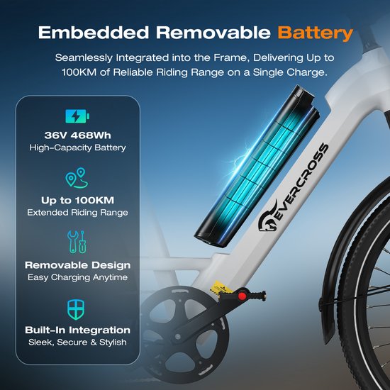 EVERCROSS EK25 Elektrische Fiets - 27.5 x 2.35 Inch - 36V 13Ah Accu - App & NFC - Koppelsensor - 7 Versnellingen - Wit van EVERCROSS — afbeelding 3