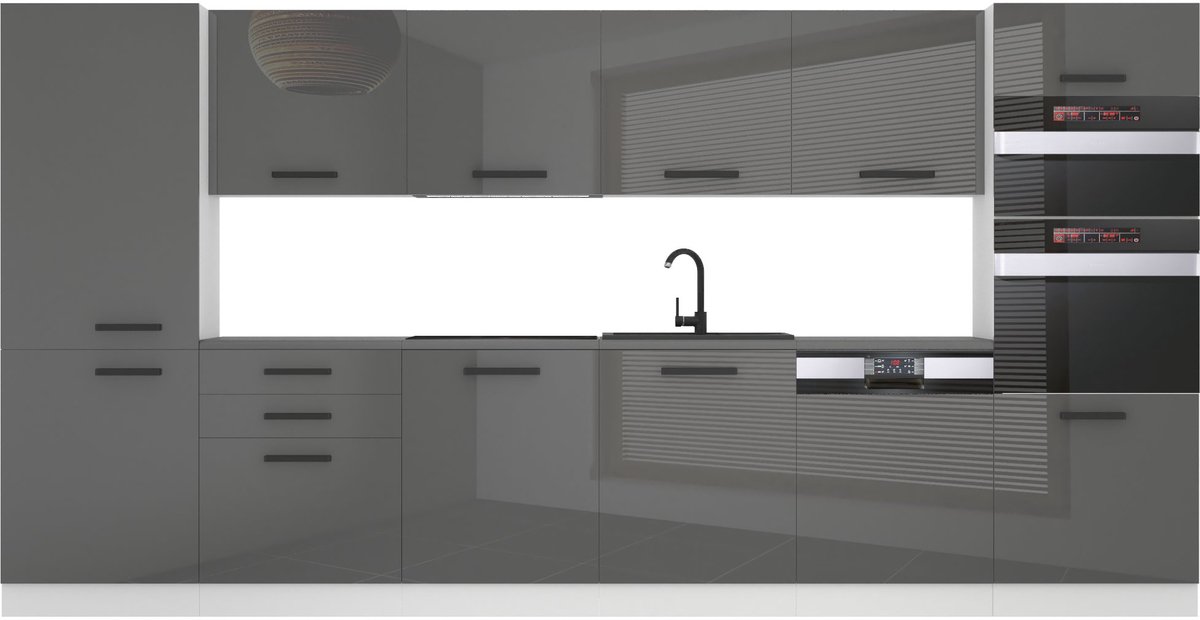 BELINI Keukenblok NAOMI - Keukenmeubel Set 360 cm Zilver Hoogglans met Werkbladen - Boven- en Onderkasten