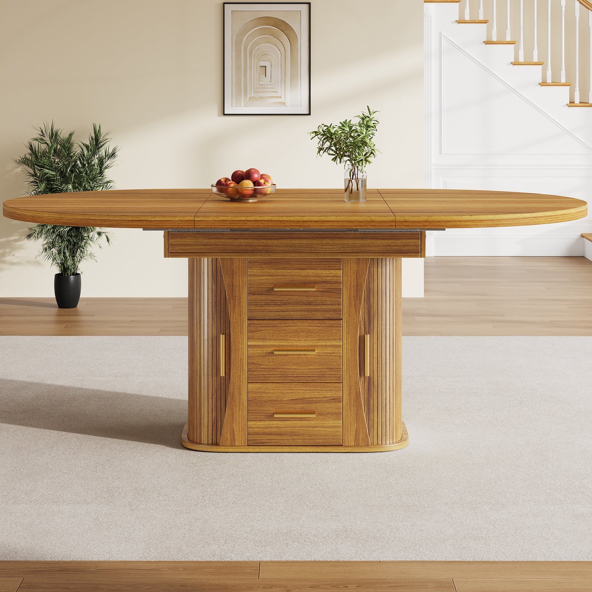 KOMHTOM - Uitschuifbare Eettafel - Ronde Keuken- en Eetkamertafel - Uitschuifbaar tot Ovaal 118-158 cm - Drielaags Gelagerd Walnoot - Plaats voor Maximaal 6 Personen