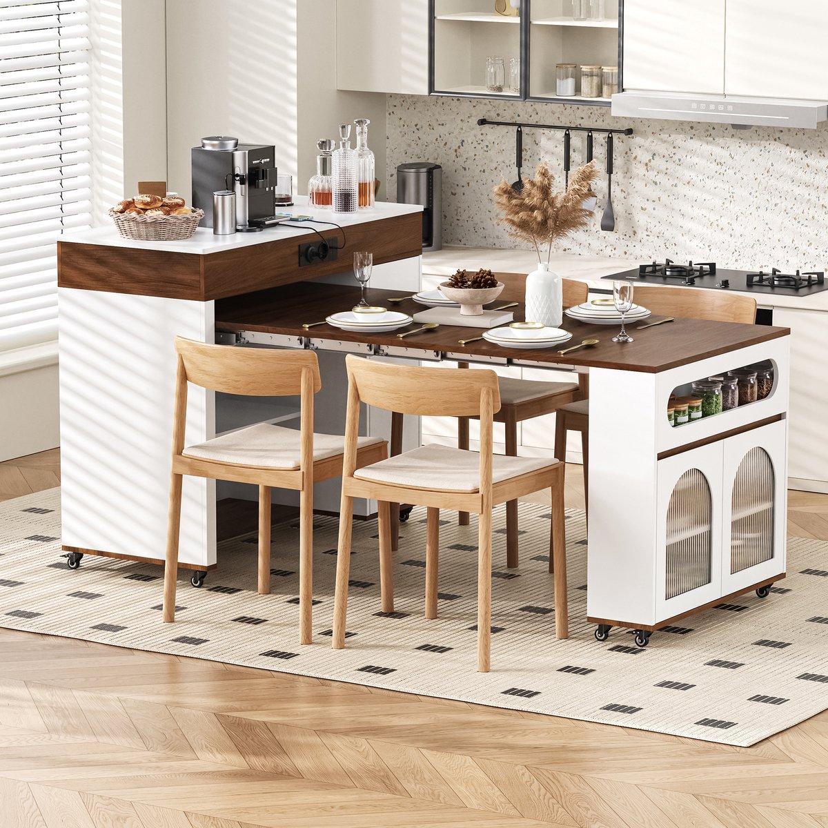 KOMHTOM - Keukeneiland en Dressoir - Met Wieltjes en Geribbeld Glas - Uitschuifbare Eettafel met Stekkerdozen en Eén Lade - Te gebruiken als Keukeneiland of Dressoir - Voor Keuken en Eetkamer (Wit + Walnootkleur)