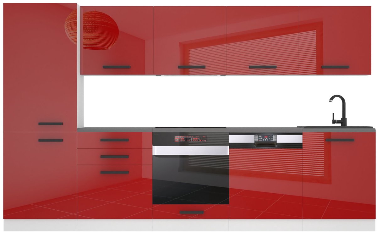 BELINI Keukenblok ROSE - Keukenmeubel Set 300 cm Rood Hoogglans zonder Werkbladen - Boven- en Onderkasten