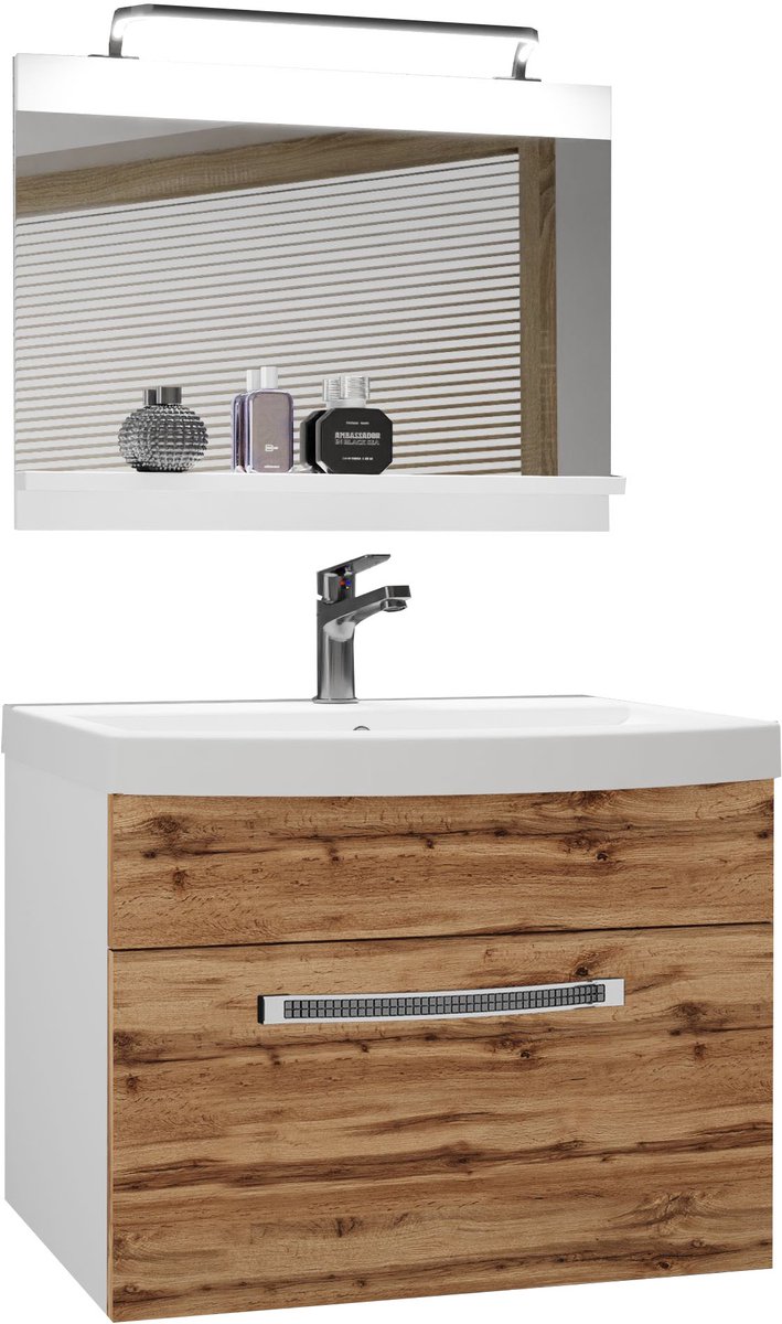 BELINI Badkamermeubel Set GLA M 1 - Badmeubelset 60 cm Wotan Eiken Mat met Wastafel, Spiegel en LED Lamp - Wandmontage