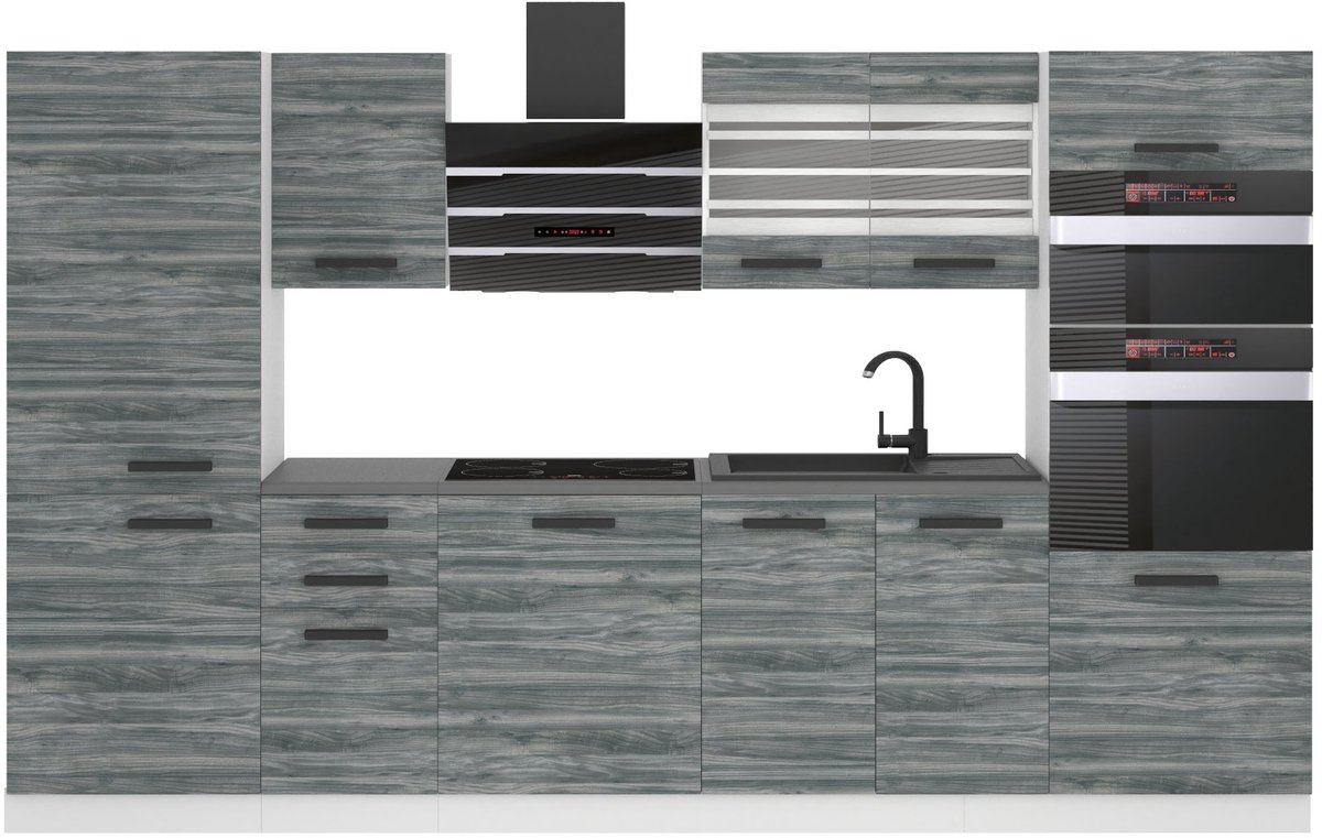 BELINI Keukenblok MILA - Keukenmeubel Set 300 cm Glamour Wood zonder Werkbladen - Boven- en Onderkasten