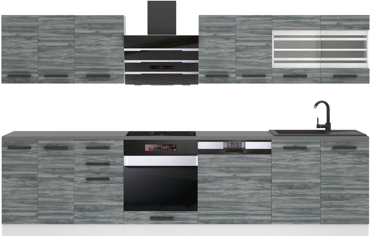 BELINI Keukenblok LUCY - Keukenmeubel Set 300 cm Glamour Wood met Werkbladen - Boven- en Onderkasten