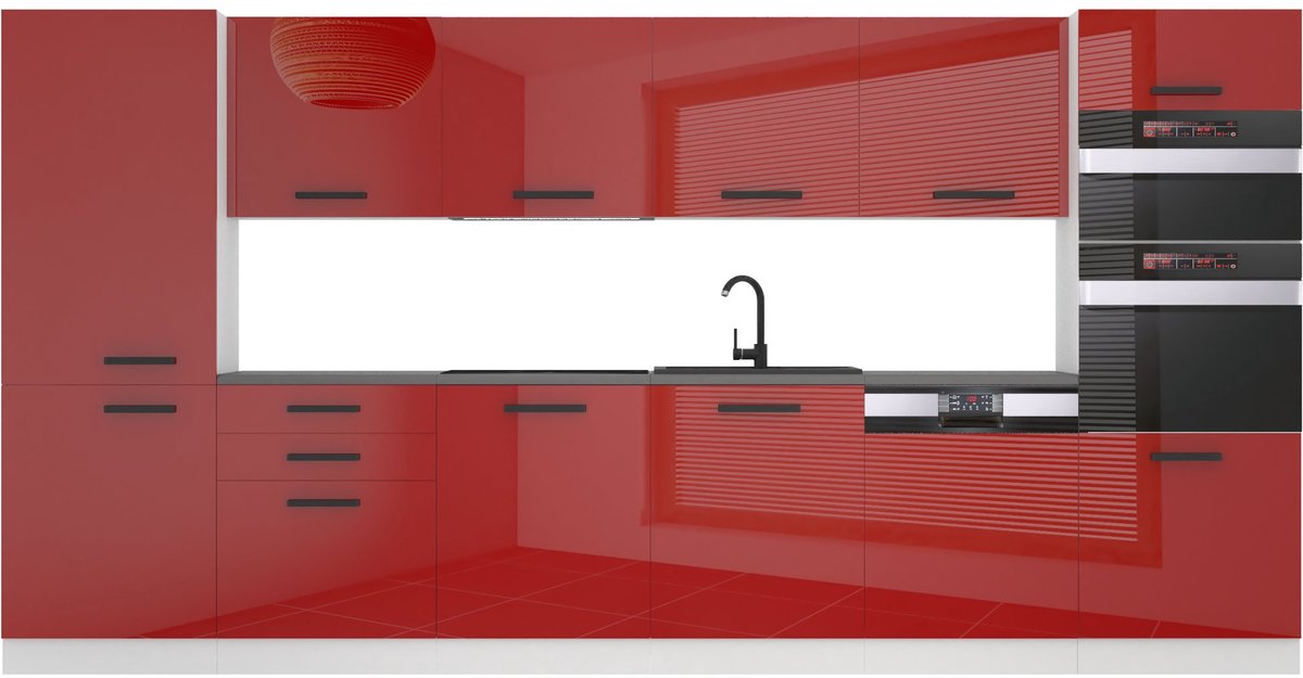 BELINI Keukenblok NAOMI - Keukenmeubel Set 360 cm Rood Hoogglans zonder Werkbladen - Boven- en Onderkasten