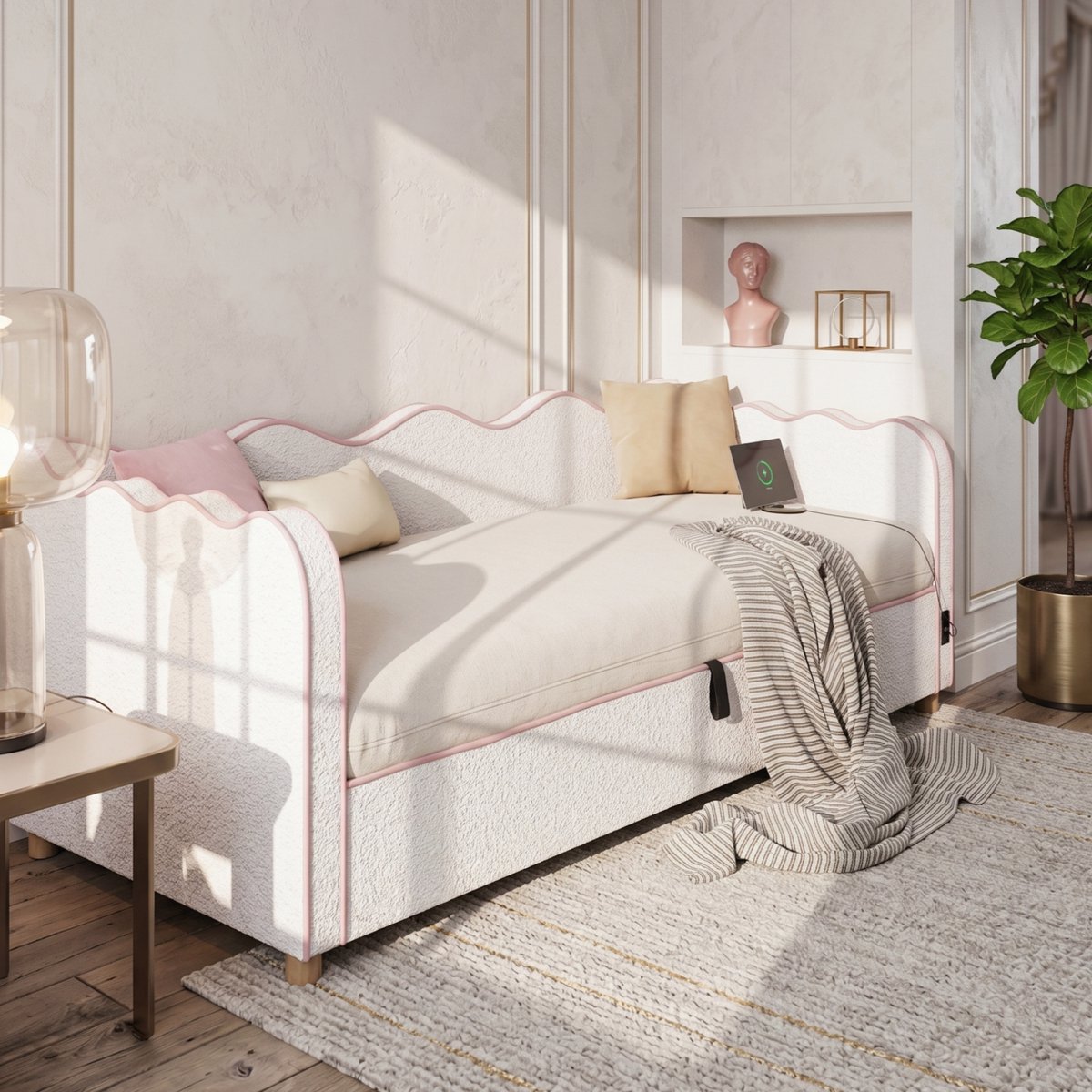 Beige Daybett 90x200 cm met Opbergruimte USB - Bouclé Design - Elegante Kinderkameroplossing