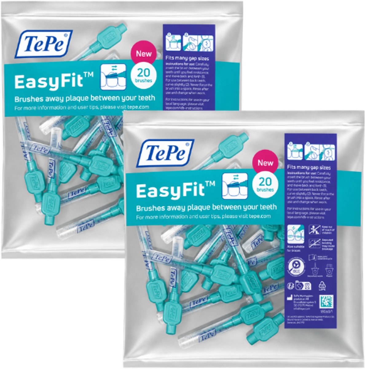 TePe EasyFit Interdentale Ragers Maat S/M Blauw (Turquoise) - 2 x 20 stuks