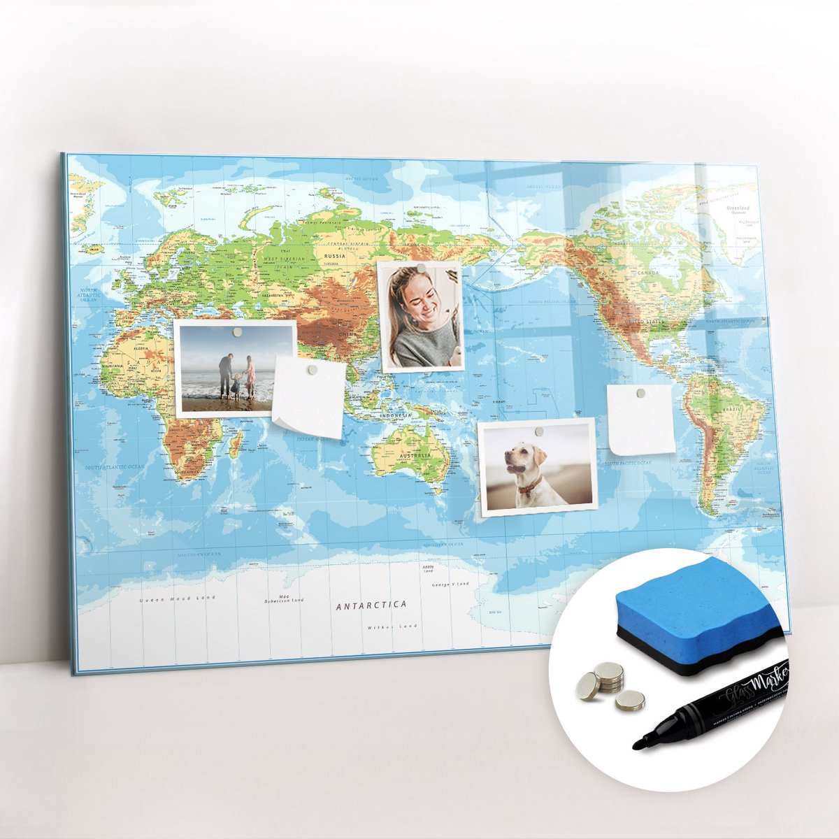 Tulup Whitebord - Fysieke wereldkaart - 90 x 60 cm - Veelkleurig Magneetbord Muur - Gratis 5 Sterke Magneten + Whiteboard Marker & Wisser - Decoratief Magnetisch Bord - Memobord Keuken - Inspiratiebord Kantoor
