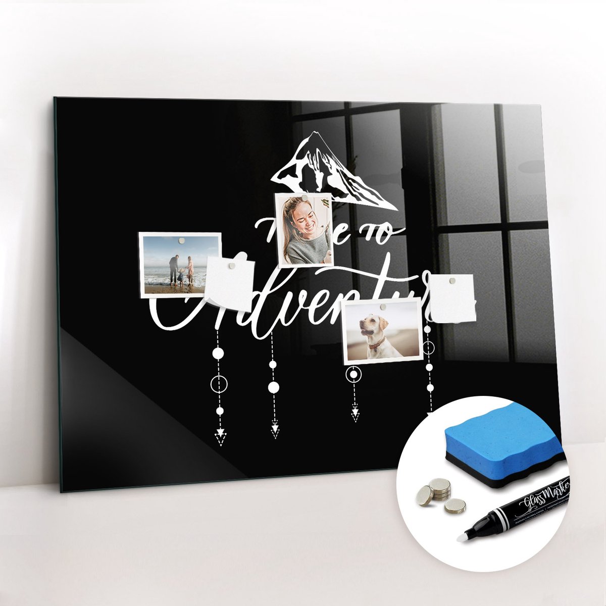Tulup Whitebord - Avontuurlijke reis - 100 x 70 cm - Zwart Magnetic Board - Gratis 5 Sterke Magneten + Whiteboard Marker & Wisser - Minimalistisch Prikbord - Foto Magneetbord - Organiseer Je Bureau