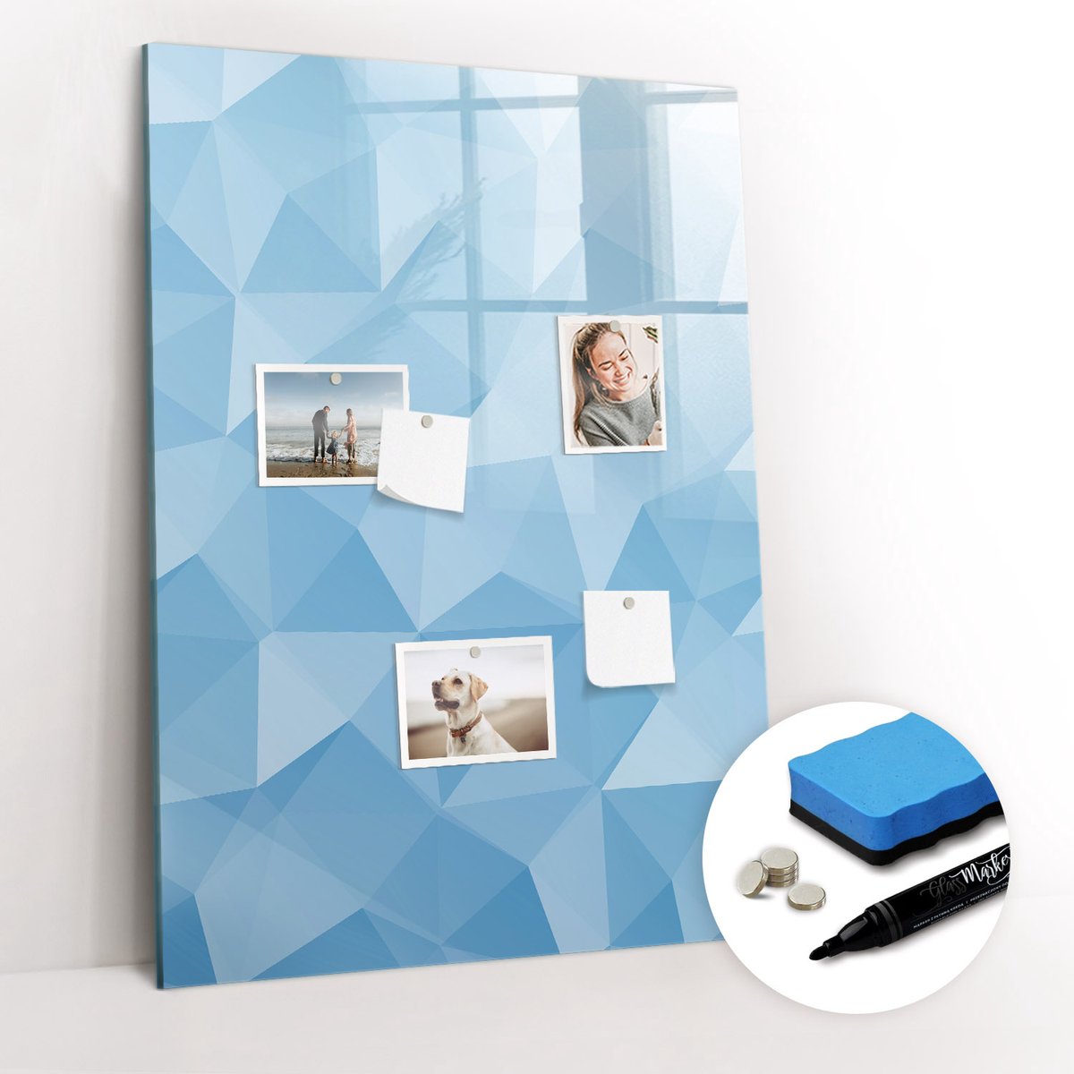 Tulup Whitebord - Abstracte donkere driehoeken - 70 x 100 cm - Blauw Memo Bord - Gratis 5 Sterke Magneten + Whiteboard Marker & Wisser - Design Memobord - Magnetic Board - Inspiratiebord Kantoor