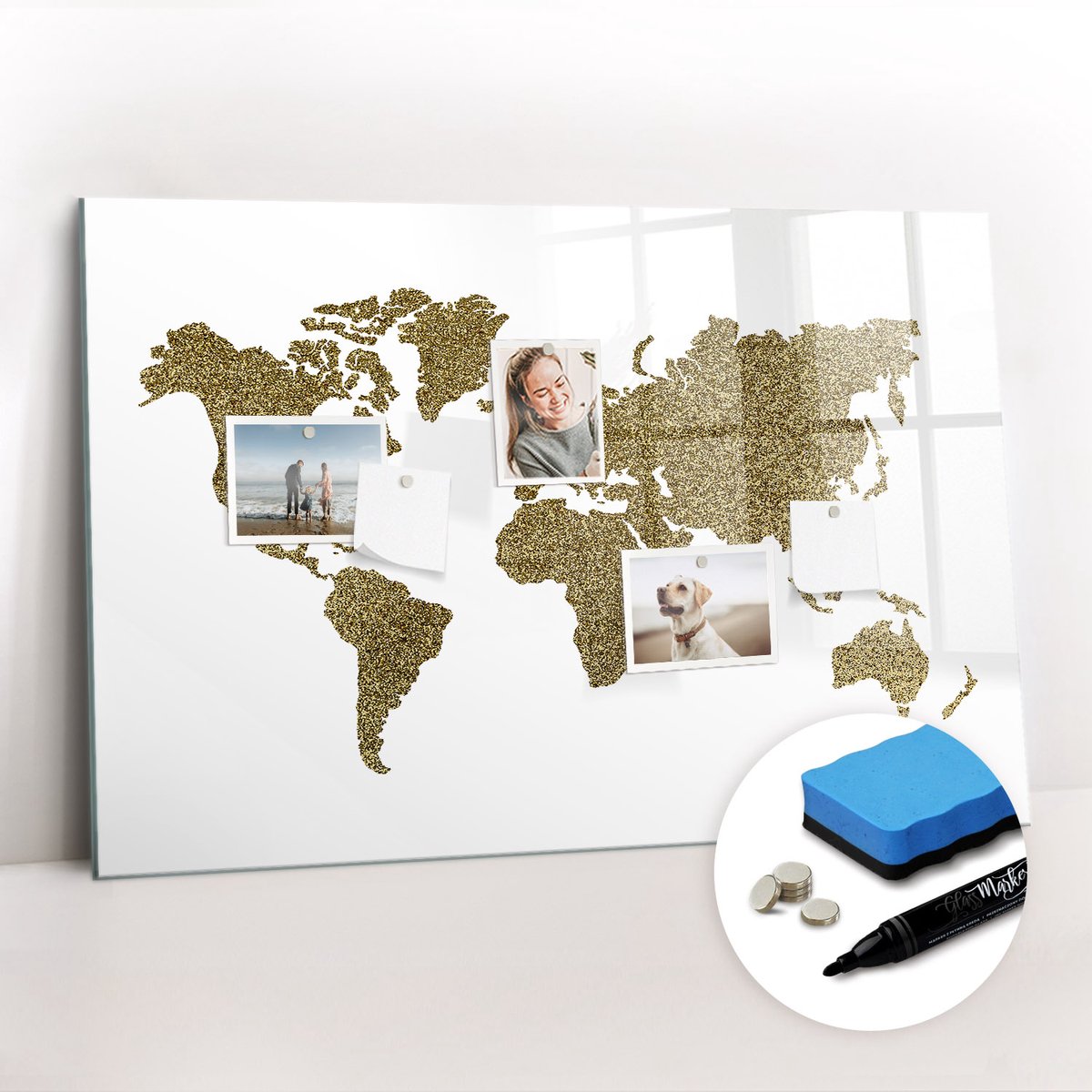 Tulup Whitebord - Muuromtrek wereldkaart - 90 x 60 cm - Bruin Magnetisch Bord Kind - Gratis 5 Sterke Magneten + Whiteboard Marker & Wisser - Organizer Muur - Magneetbord Muur - Notitiebord Werkplek