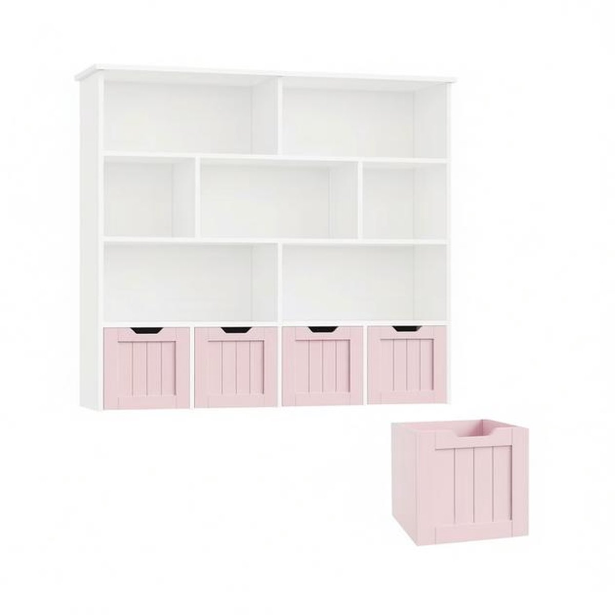 Kast-Boekenkast-Opbergkast- Opbergmeubel- Boekenrek- 4 lades en wielen-7 open vakken-125,5x33x118cm-Roze.
