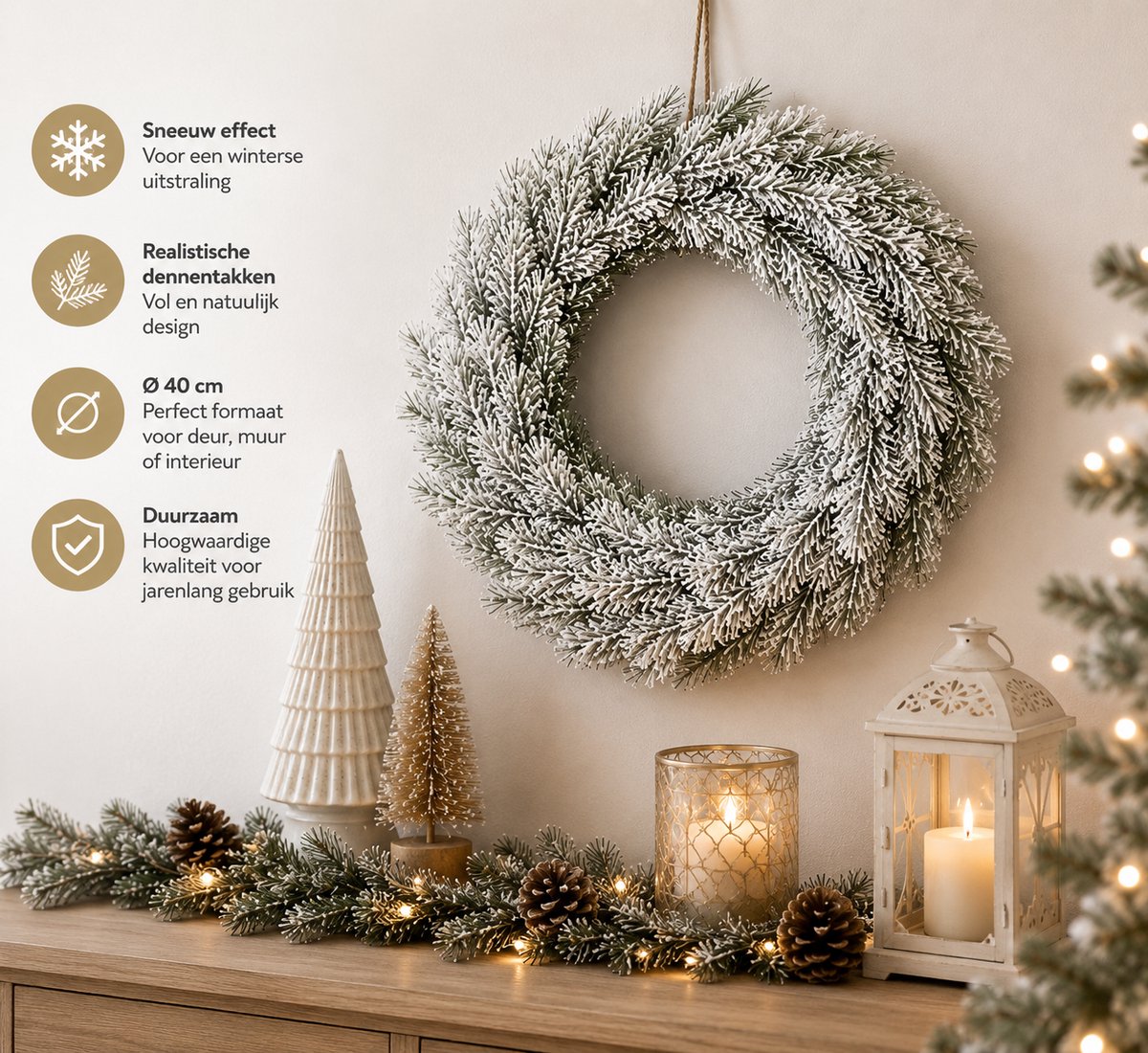 Witte Kerstkrans met Sneeuw Ø 40 cm – Winterse Deurkrans met Dennenappels – Ronde Kerstdecoratie voor Binnen en Buiten – Houten Kerstkrans – Wit – foto 7