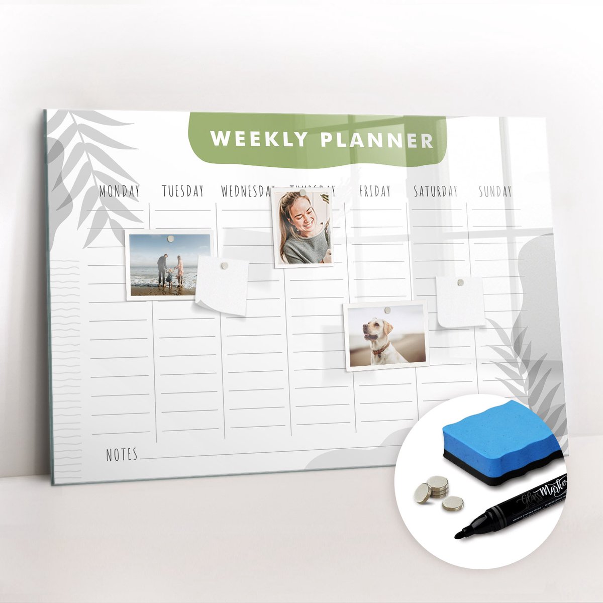 Tulup Whitebord - Weekplan - 90 x 60 cm - Wit Memo Magneetbord - Gratis 5 Sterke Magneten + Whiteboard Marker & Wisser - Design Memobord - Magnetisch Wandbord - Inspiratiebord Kantoor
