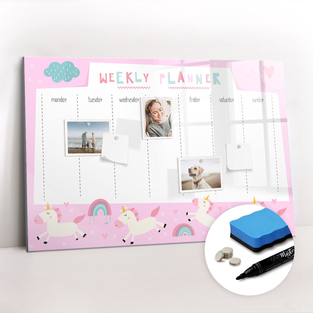 Tulup Whitebord - Weekplanner voor kinderen - 90 x 60 cm - Roze Magnetisch Memobord - Gratis 5 Sterke Magneten + Whiteboard Marker & Wisser - Stylish Memo Board - Magneetbord Foto - Notitiebord Werkplek