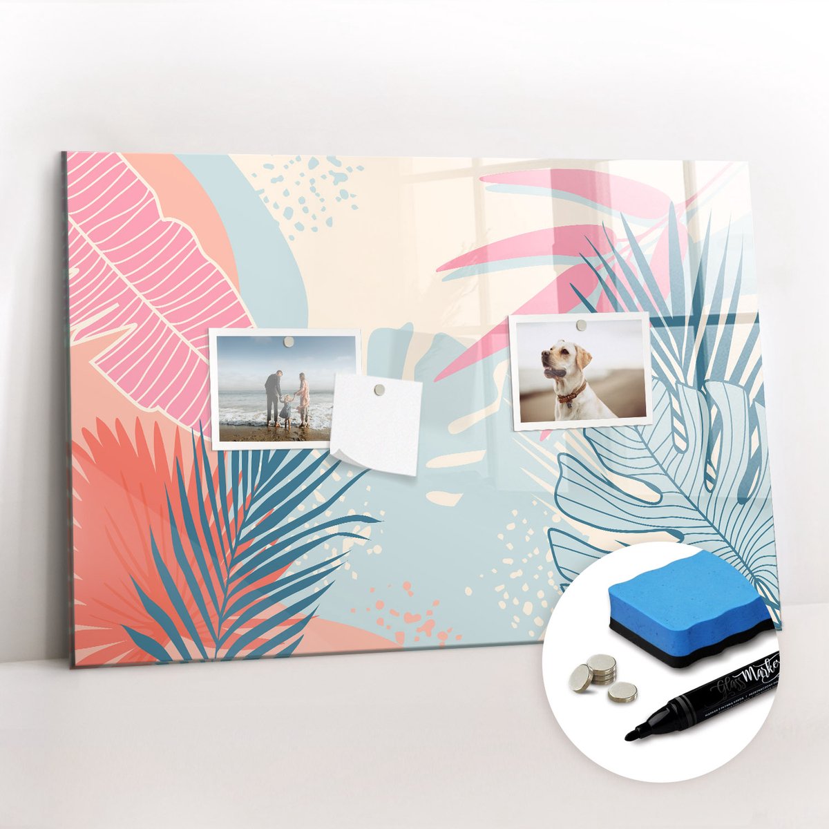 Tulup Whitebord - Pastelkleurige bladeren - 60 x 40 cm - Veelkleurig Foto Magneetbord - Gratis 5 Sterke Magneten + Whiteboard Marker & Wisser - Moderne Wanddecoratie - Magnetisch Memobord - Planning Muur
