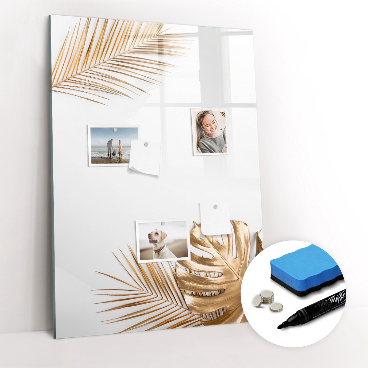Tulup Whitebord - Gouden bladeren - 70 x 100 cm - Wit Magneetbord Keuken - Gratis 5 Sterke Magneten + Whiteboard Marker & Wisser - Organizer Muur - Magneetbord Design - Planning Muur