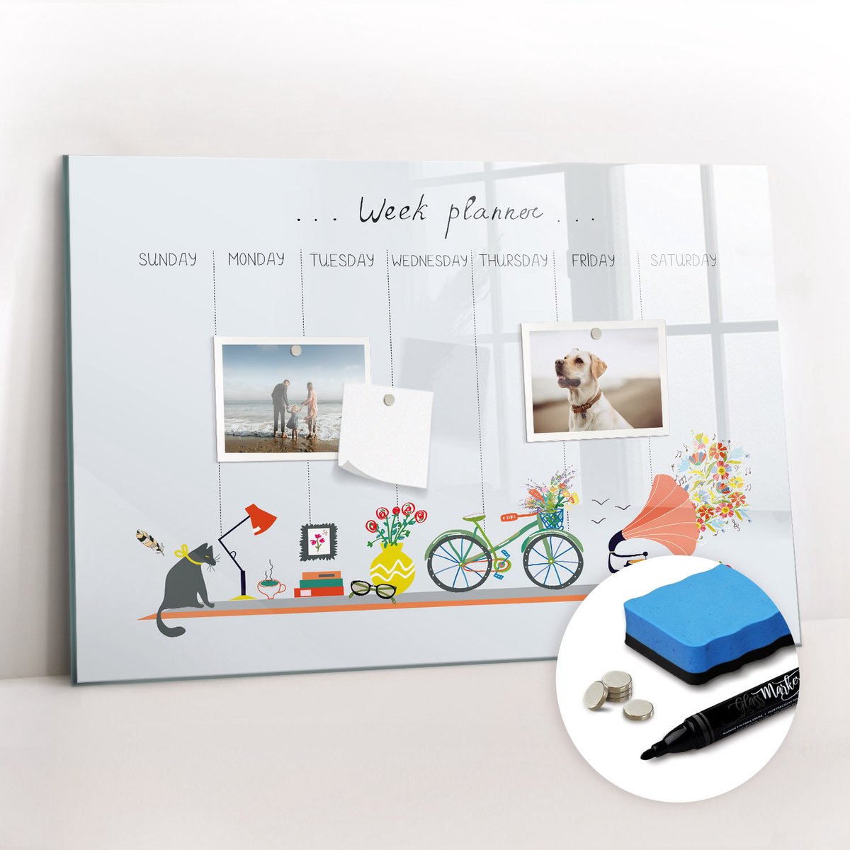 Tulup Whitebord - Weekplanner voor op kantoor - 60 x 40 cm - Veelkleurig Magneetbord Design - Gratis 5 Sterke Magneten + Whiteboard Marker & Wisser - Decoratief Magnetisch Bord - Memobord Glas - Productiviteit Tools