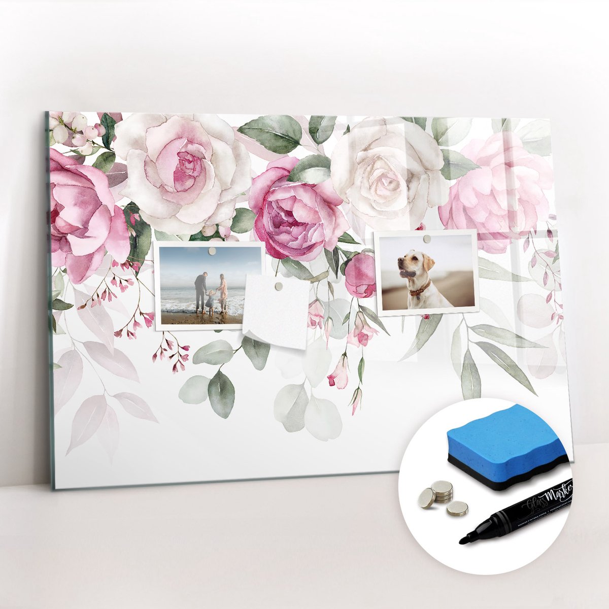 Tulup Whitebord - Aquarel rozen - 60 x 40 cm - Roze Magnetische borden voor reismagneten - Gratis 5 Sterke Magneten + Whiteboard Marker & Wisser - Moderne Wanddecoratie - Memobord Glas - Organiseer Je Bureau