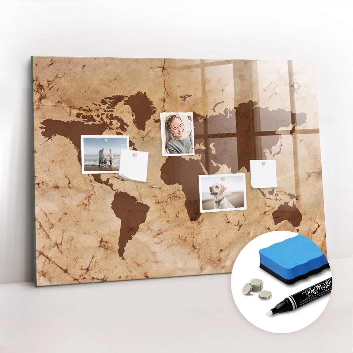 Tulup Whitebord - Vintage wereldkaart - 100 x 70 cm - Bruin Memo Bord - Gratis 5 Sterke Magneten + Whiteboard Marker & Wisser - Industrieel Wandbord - Magneetbord Rechthoekig - Planning Muur