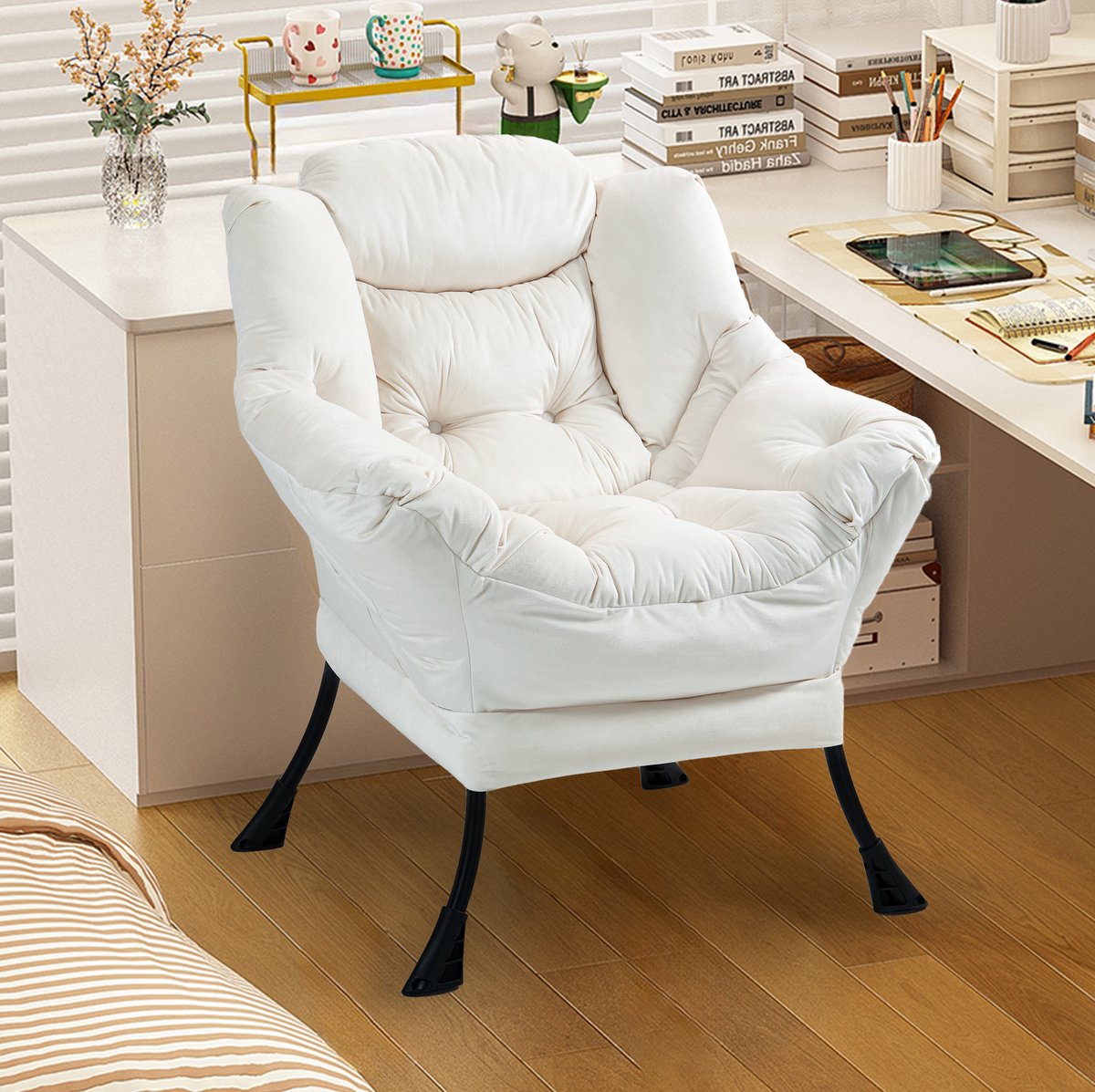 MODENUIT Fauteuil 81 cm - Met Zijvak en Armleuningen - Voor Woonkamer en Balkon - Metaal en Velvet - Off White