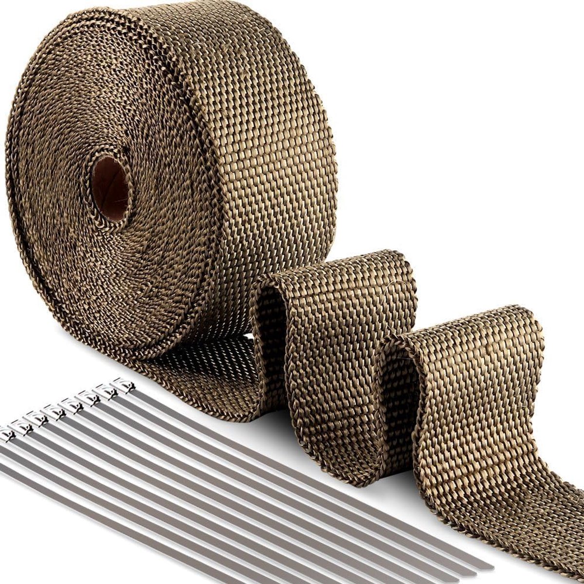 SnelShoppen - 50mm Titanium Magma Thermische Isolatietape, 10m + 10 Stuks 20cm RVS Bevestigingsmateriaal voor Motoren, Auto's, ATV's en Tuinmachines