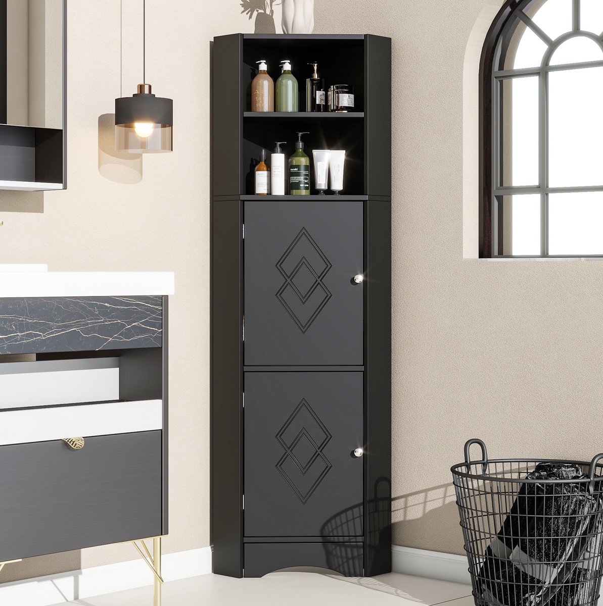 COVREO Hoekkast 36,5x36,5x155 cm zwart, spaanplaat met verstelbare plank