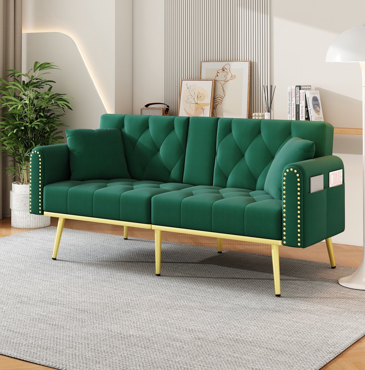 COVREO Slaapbank 175x80x73,5 cm groen, velvet met verstelbare rugleuning