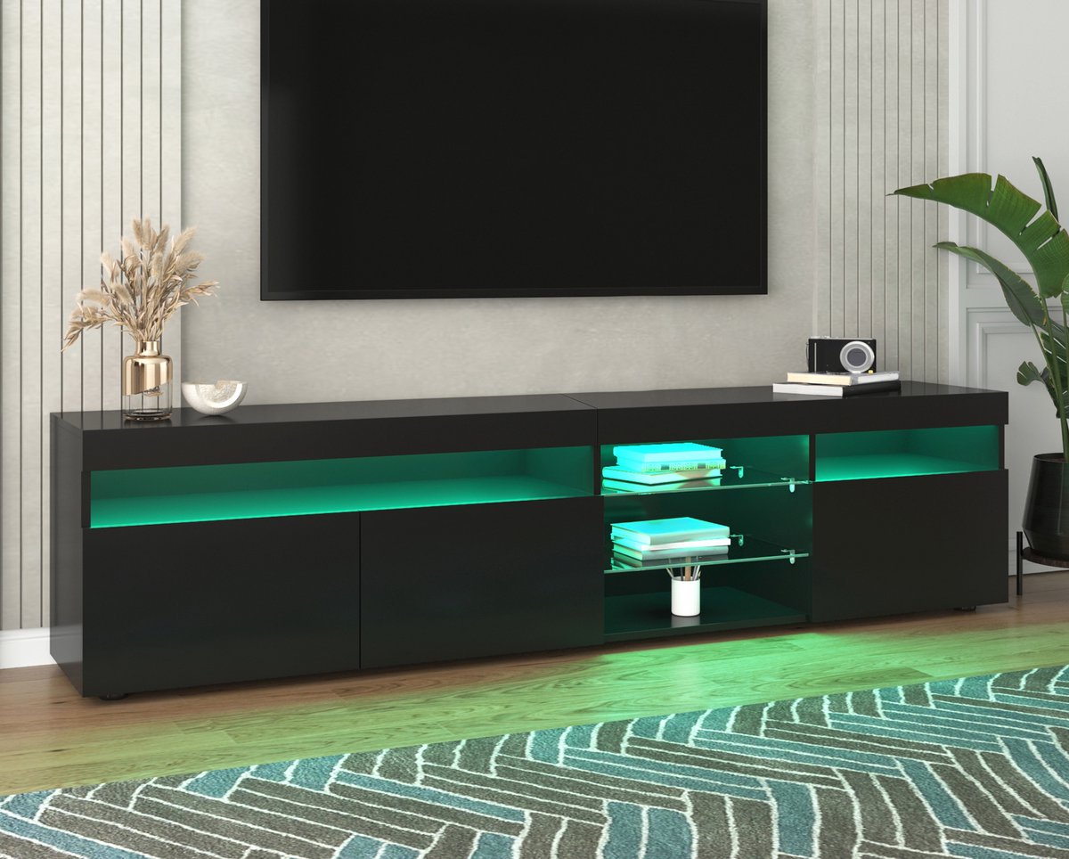 COVREO TV meubel 180x35x48 cm zwart, MDF met LED-verlichting en opbergruimte