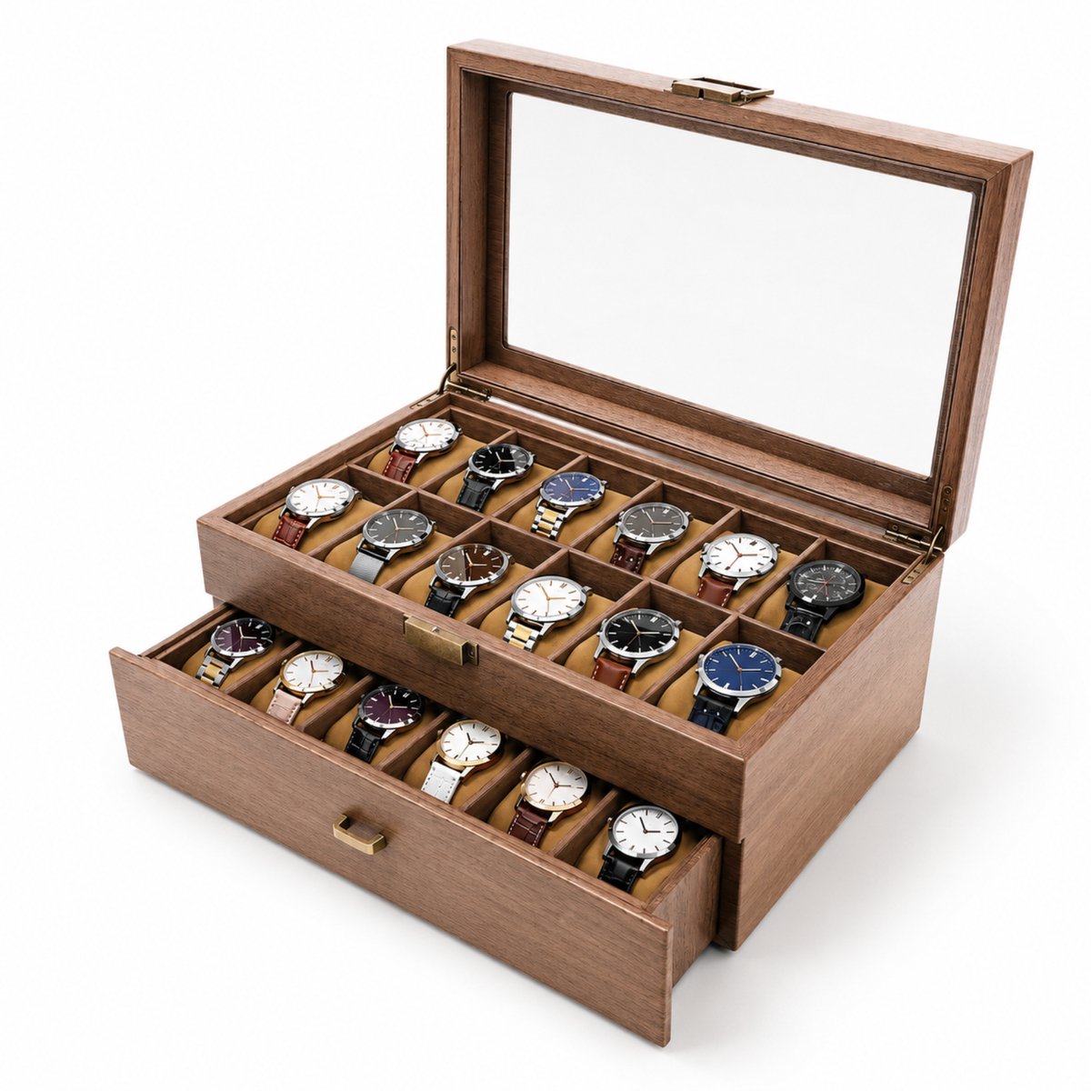 Noventra - Horloge doos – Houten Horlogebox voor 24 Horloges – Luxe Horloge Organizer met Glazen Deksel, Opberglade en Zachte Fluwelen Voering – Vintage Bruin
