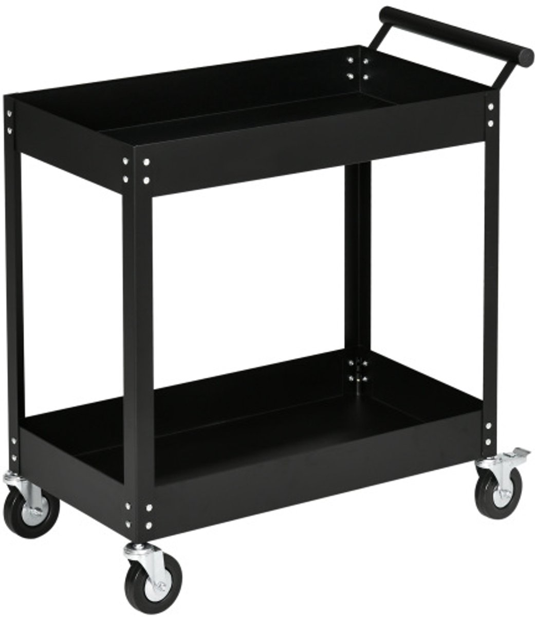 Werkplaatswagen met 2 Niveaus - Lege Gereedschapswagen, Transportwagen - Zijhandgreep, 4 Wielen - Staal, tot 150 kg - 84,5 x 38 x 84 cm - Zwart