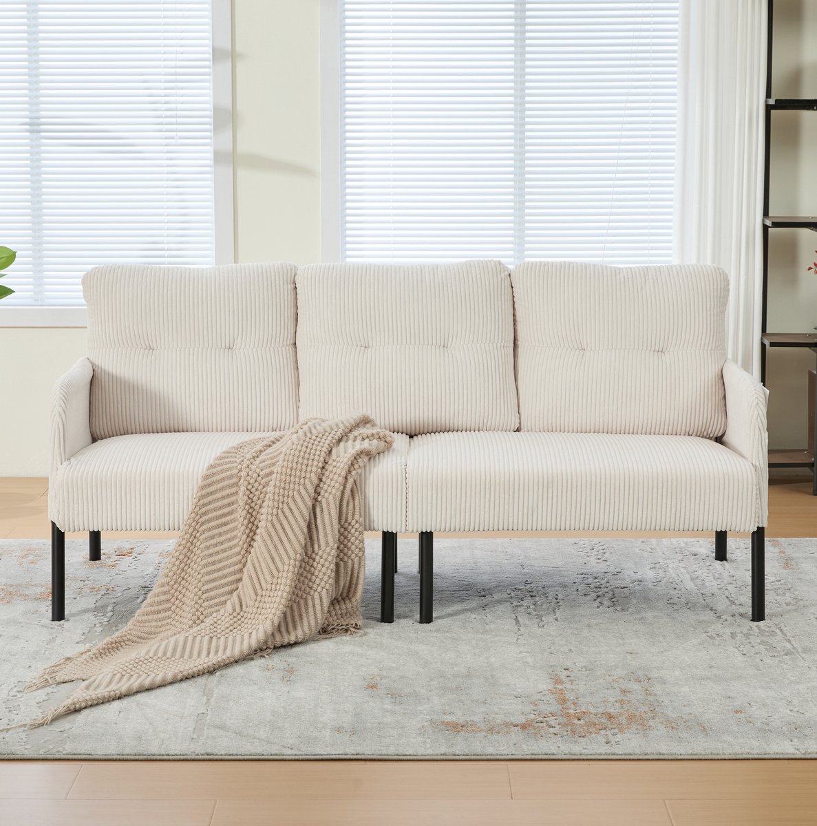 MODENUIT Zitbank 171 cm - Met Zijvak en Hoge Rugleuning - Voor Woonkamer of Werkkamer - Cord Beige
