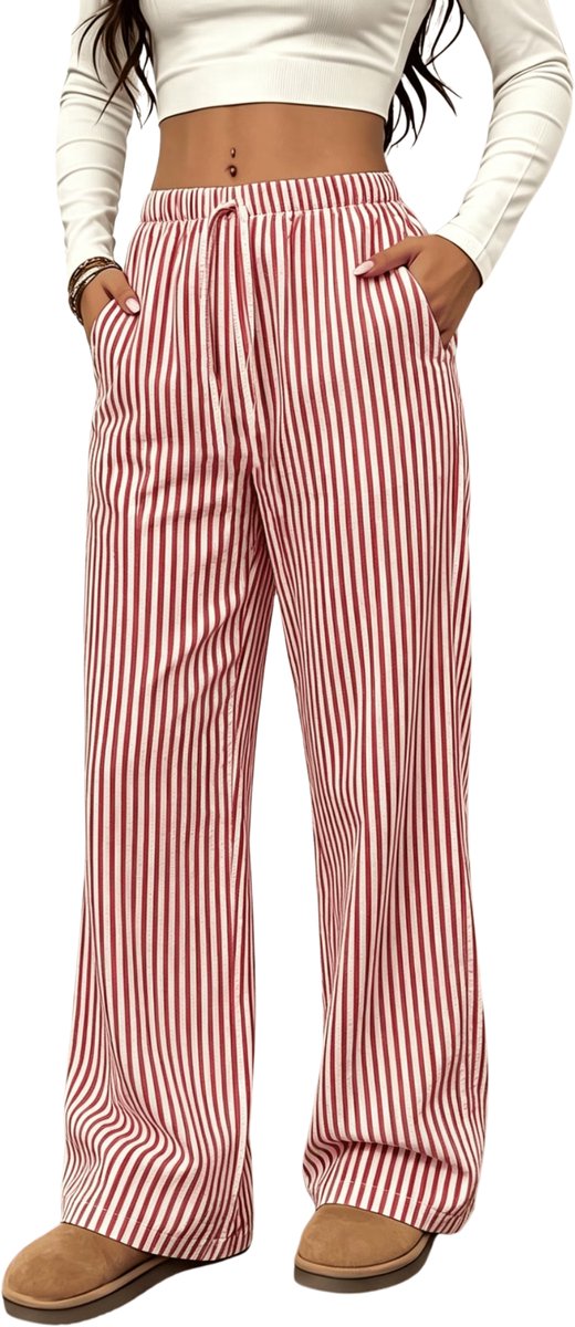 Currero Gestreepte Broek Dames and Striped Pants Yacht Club Linnen Broek Zomerbroek Volwassenen Lange Broek Strandbroek Rode Roos