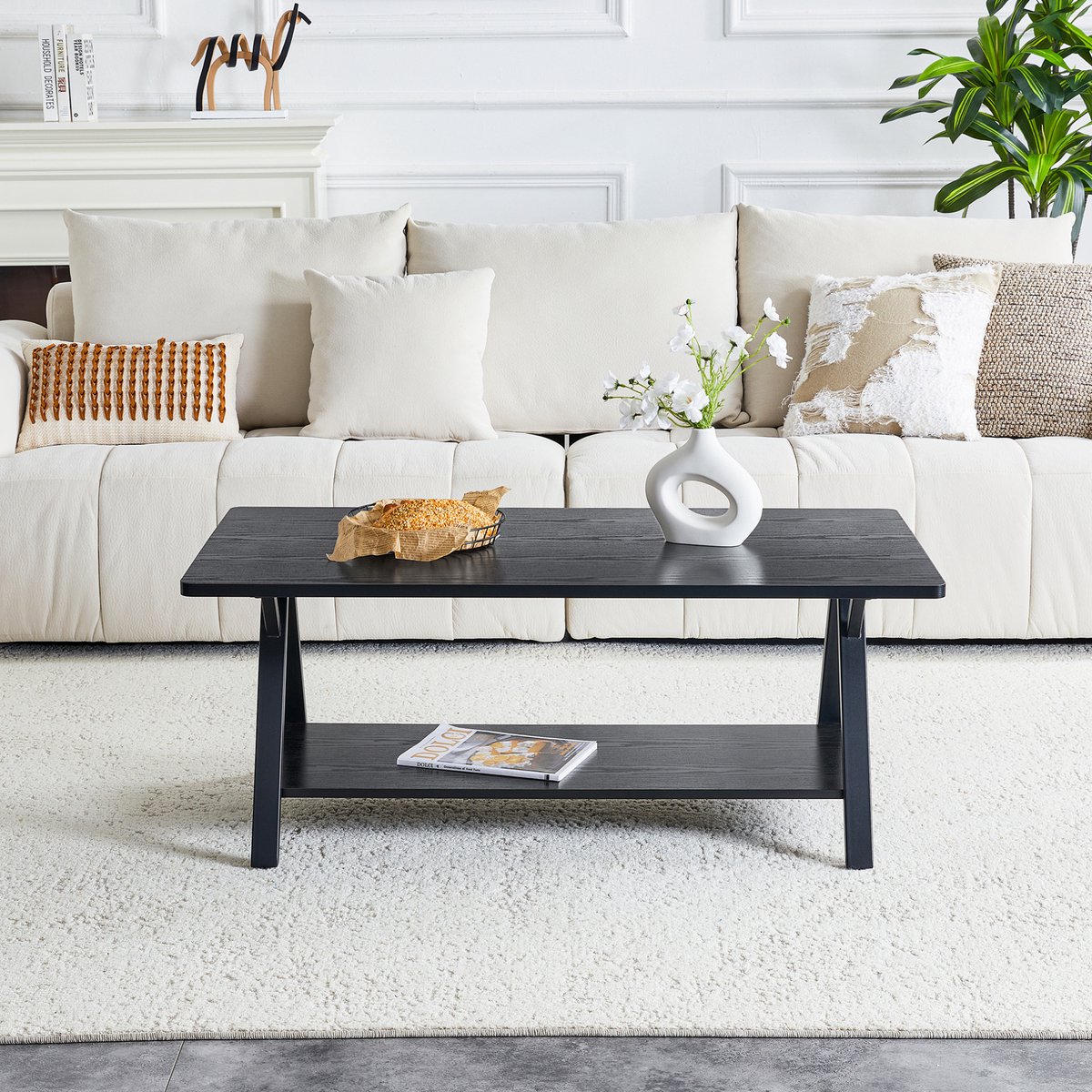 MODENUIT Salontafel - Opbergplank En X-poot - Woonkamer En Werkkamer - MDF En Metaal - Zwart - 110x57x44,5 Cm